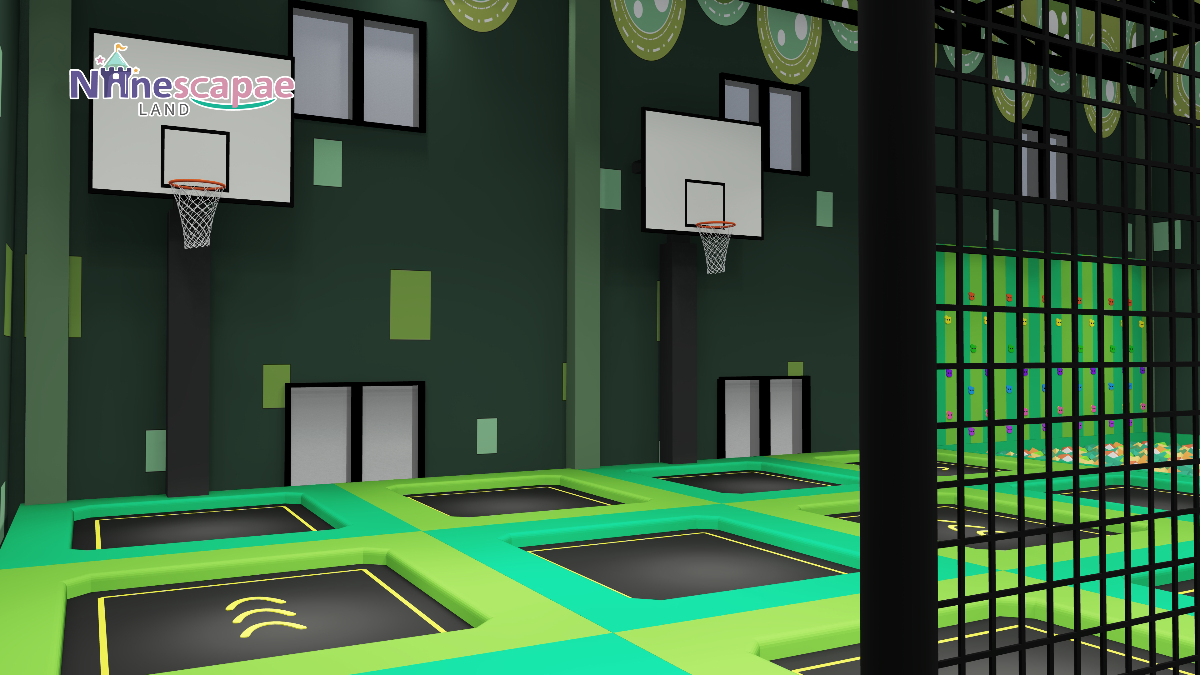 trampoline park with basketball hoop