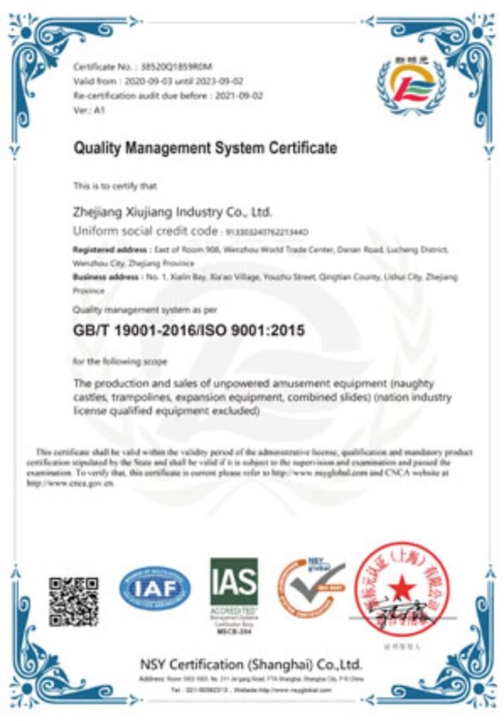 GB/T19001 ISO9001 quality management system certificate for playground equipment factory
