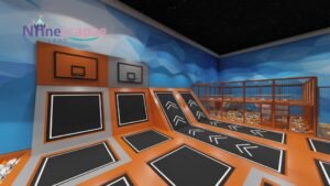 Indoor trampoline park with slide and basketball area