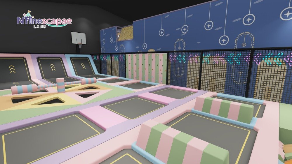 Kids trampoline zone with cartoon wall mural