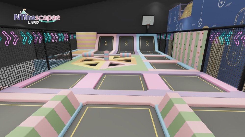Indoor trampoline park colorful jump beds full view
