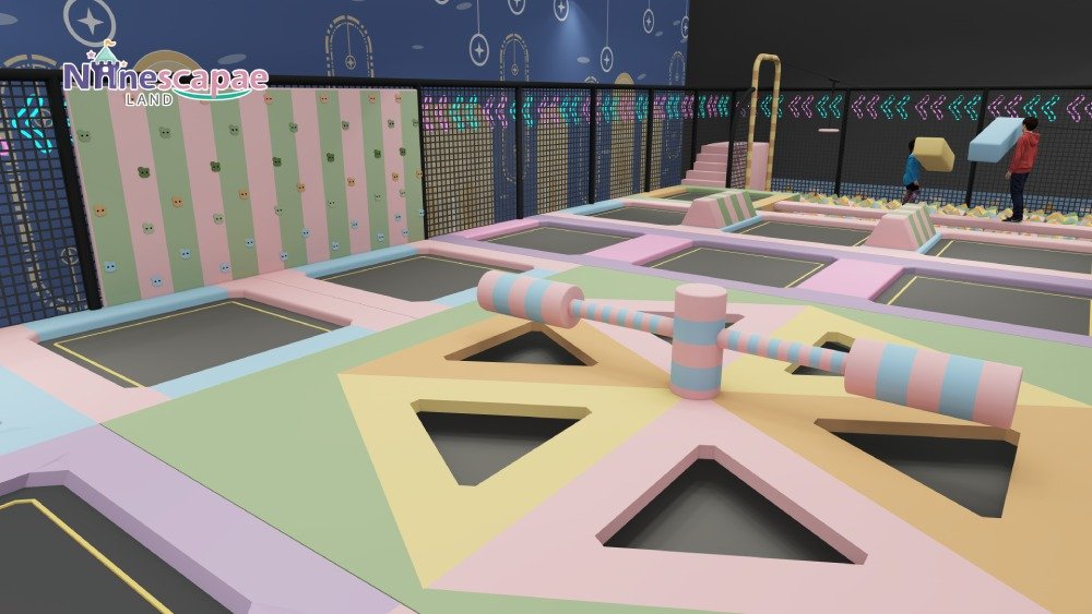 Trampoline park free jump area with foam obstacles