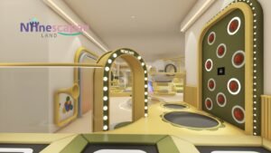 Indoor kids playground with arch mirror and soft play