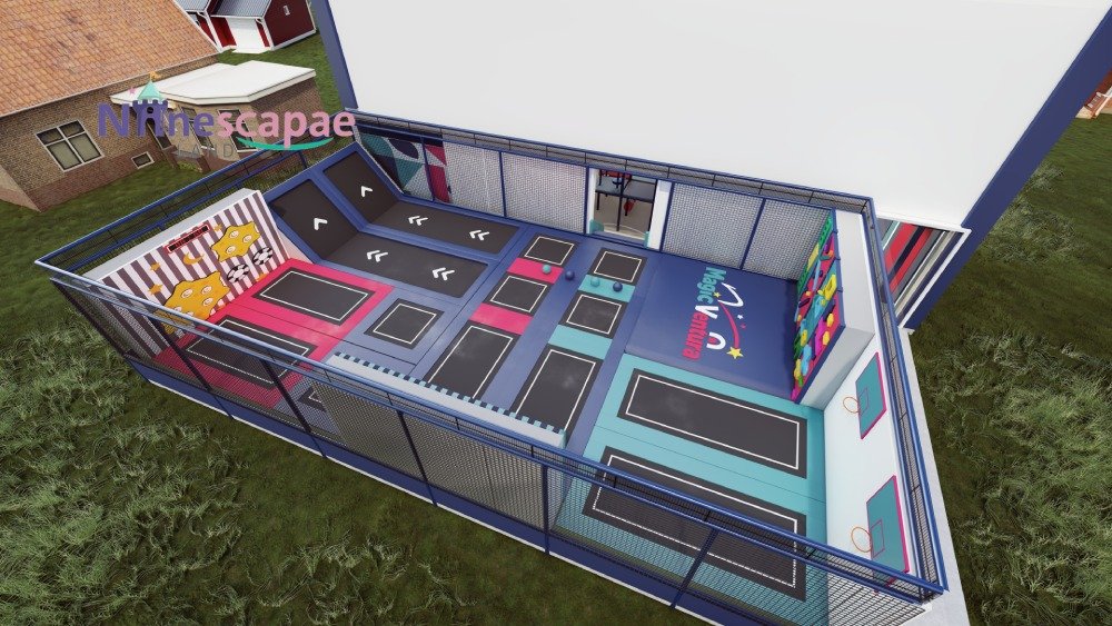 Top view colorful outdoor trampoline park