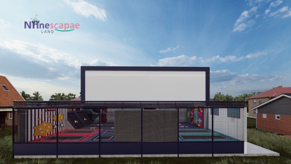 Outdoor trampoline park fenced play area