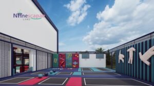 Outdoor trampoline park exterior building view Outdoor trampoline park exterior building view