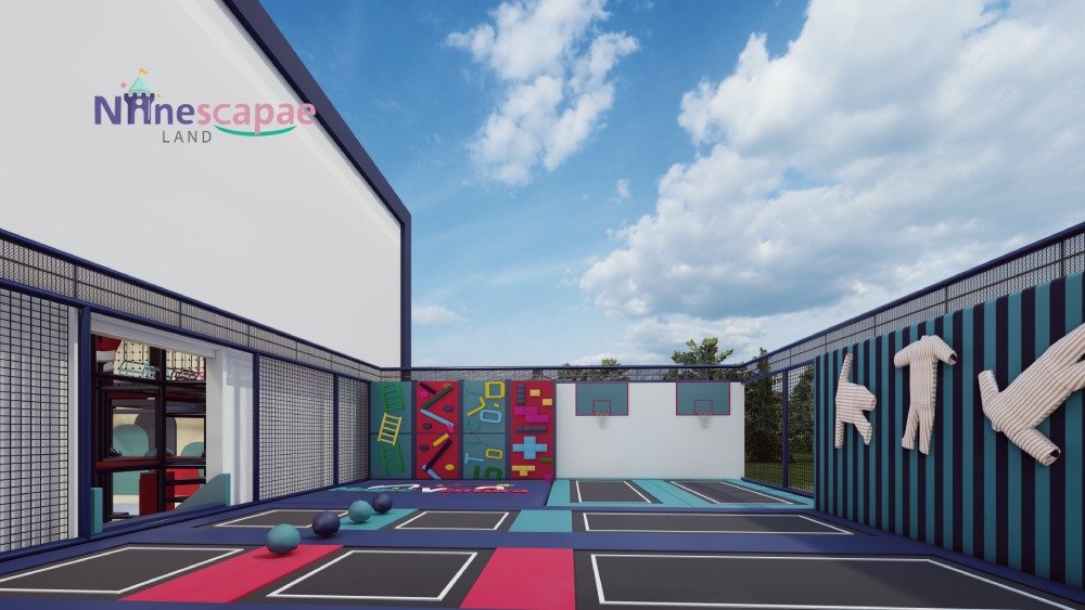 Outdoor trampoline park exterior building view