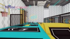 Large indoor trampoline park with multiple