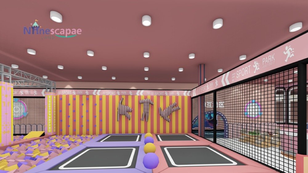 Large indoor trampoline park basketball area pink
