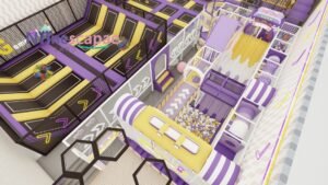 Large indoor trampoline park aerial view purple yellow Large indoor trampoline park aerial view purple yellow