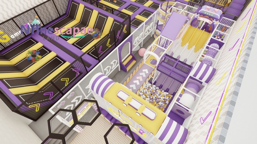 Large indoor trampoline park aerial view purple yellow