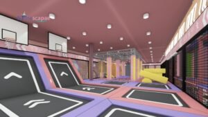 Indoor trampoline park foam pit pink theme