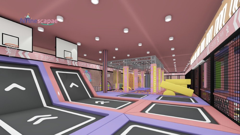 Indoor trampoline park foam pit pink theme
