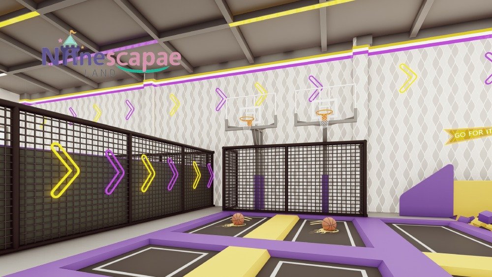 Indoor trampoline park netted play zone