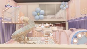 Cute pastel indoor soft play area with ball pit and decorations
