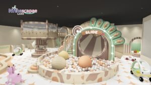 Pastel indoor ball pit playground with arch entrance