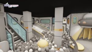 Simple white indoor playground slide and ocean ball pit