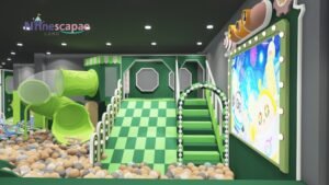 Green checkered indoor kids playground with tube slides Green checkered indoor kids playground with tube slides