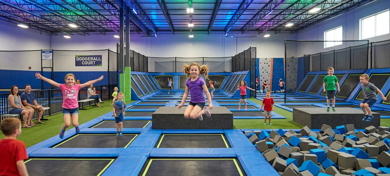 Children jumping on interconnected indoor trampolines with foam pit and climbing wall
