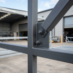 Steel framework joint fastened with bolts at an industrial site