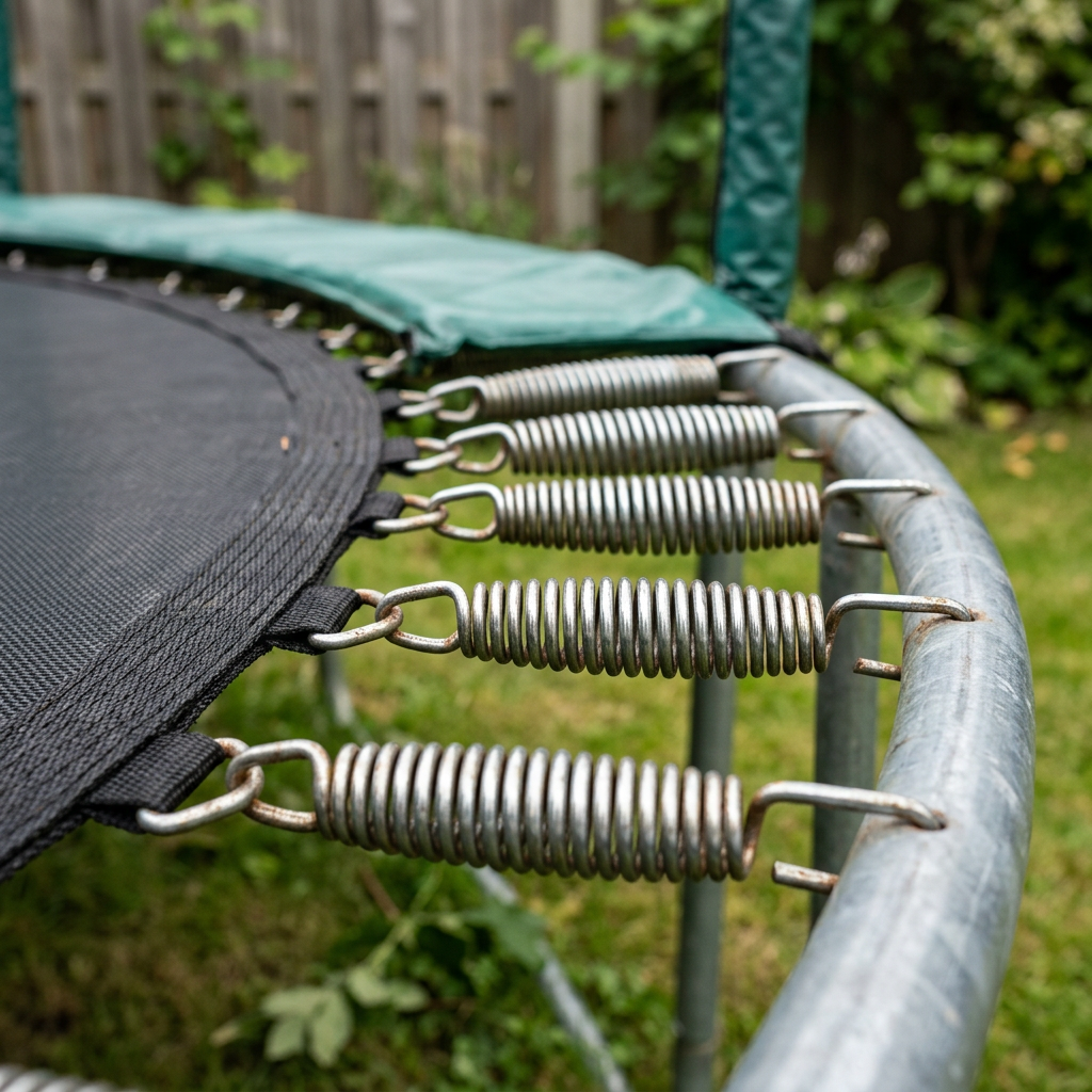 Close-up view of metal springs attached between trampoline mat and metal frame