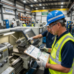 Safety inspector in blue helmet and vest checking safety checklist near factory machine