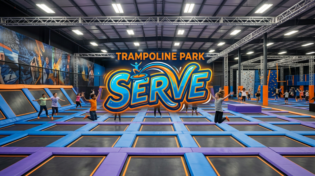 Serve trampoline park logo with orange and blue colors over blurred indoor trampoline park