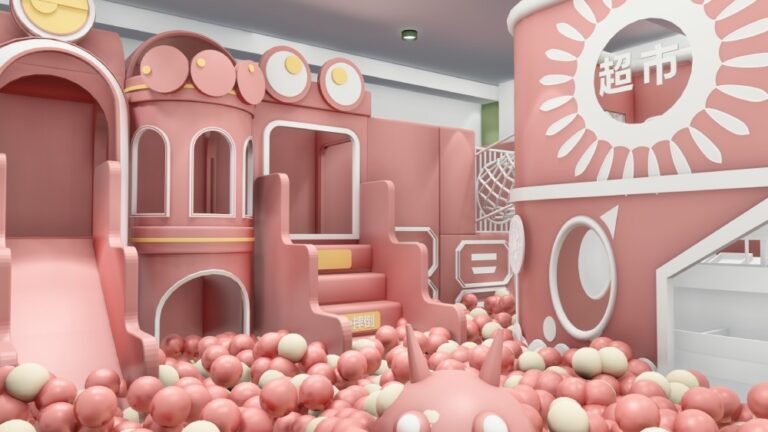 Pink macaron themed indoor soft play playground train design for kids