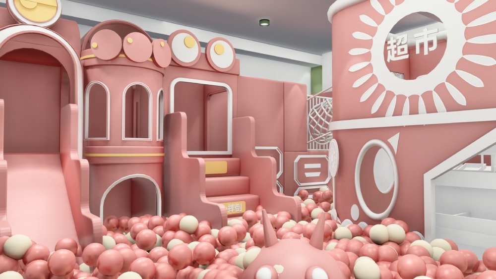 Pink macaron themed indoor soft play playground train design for kids